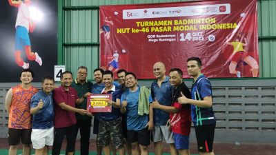 Foto : Perayaan HUT ke-46 Pasar Modal Indonesia semakin meriah dengan penyelenggaraan turnamen bulutangkis di GOR Badminton Mega Kuningan, Jakarta (14/10/23). (Doc.Idris)